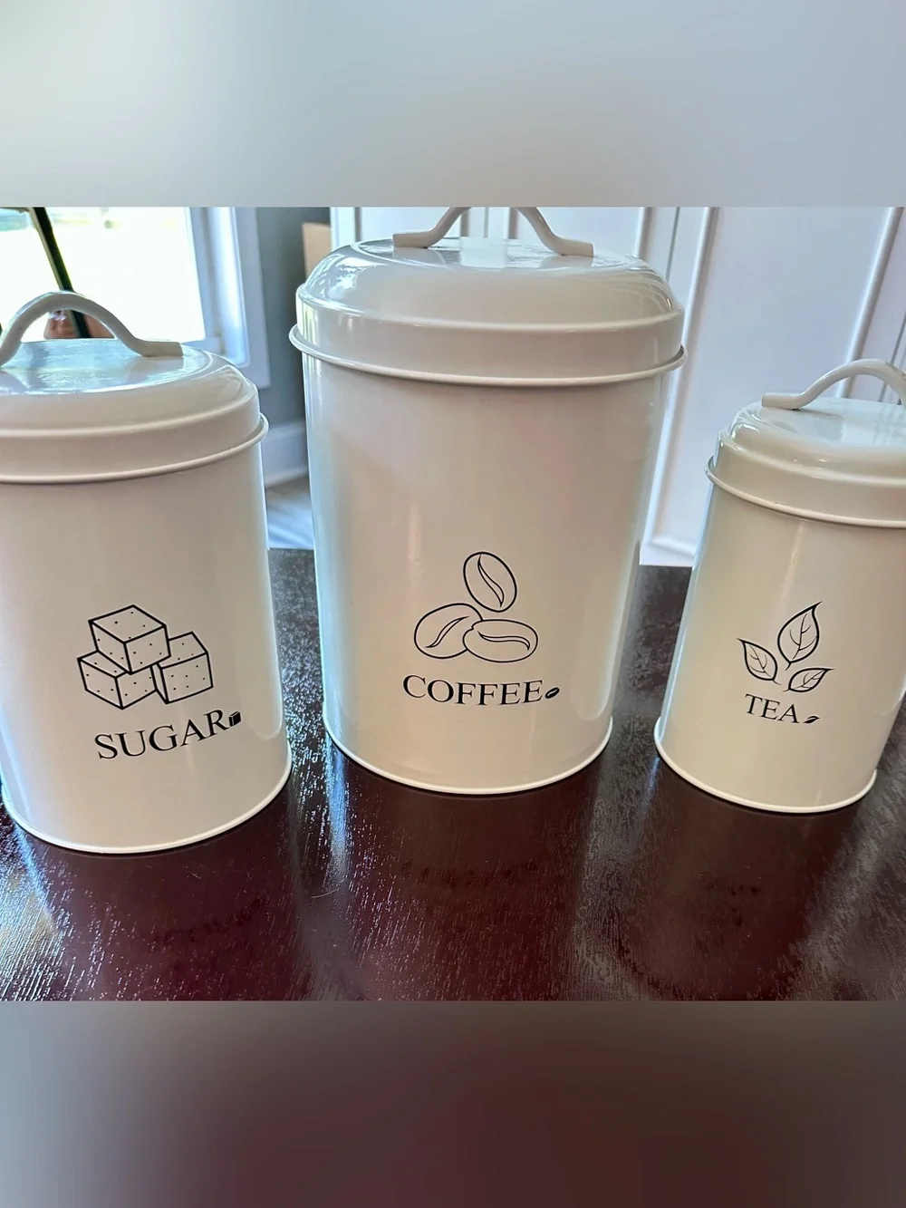 3-Piece White Metal Coffee Tea Sugar Canister Set with Lids